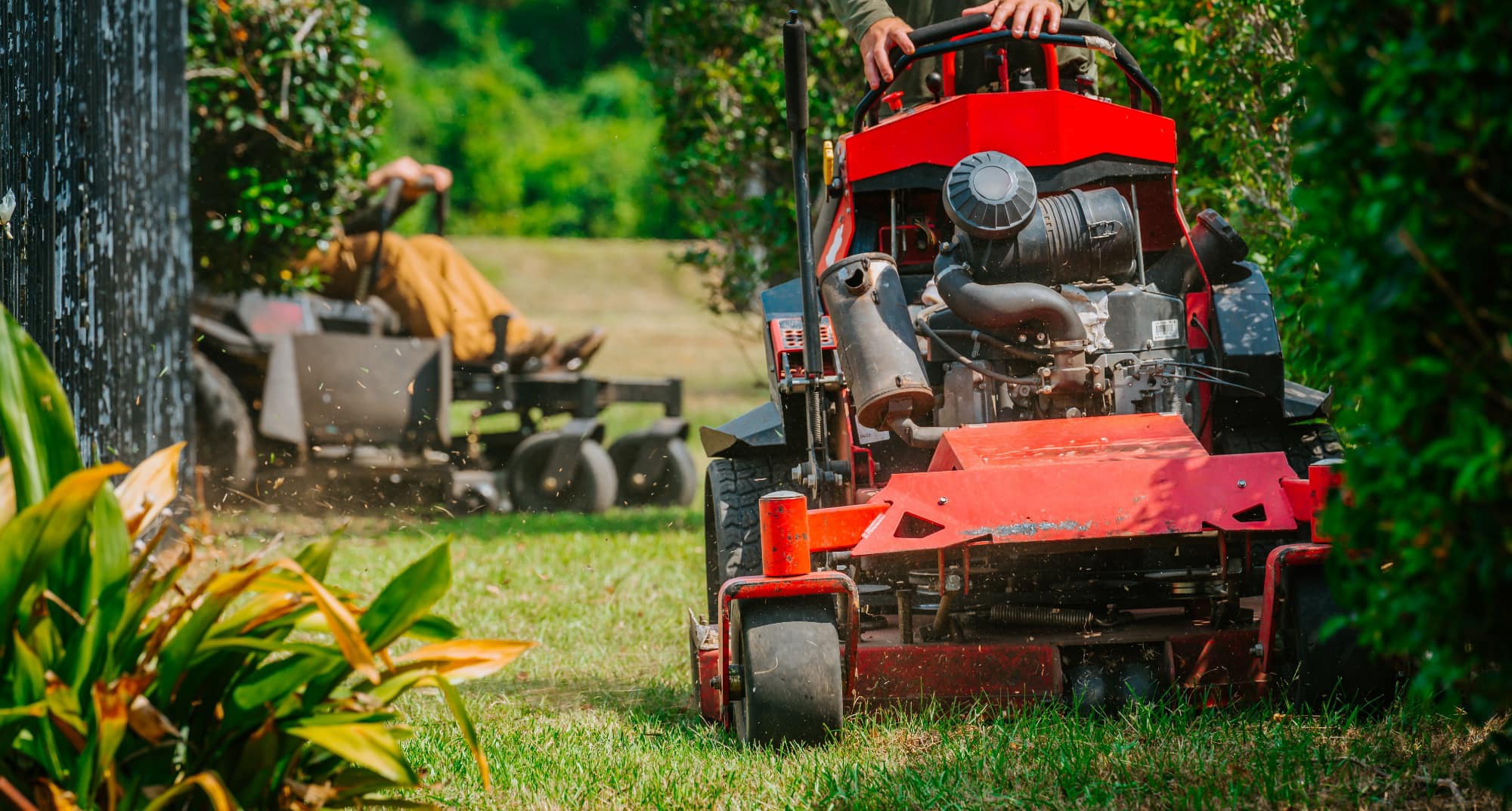 Commercial lawn care equipment mowing green grass